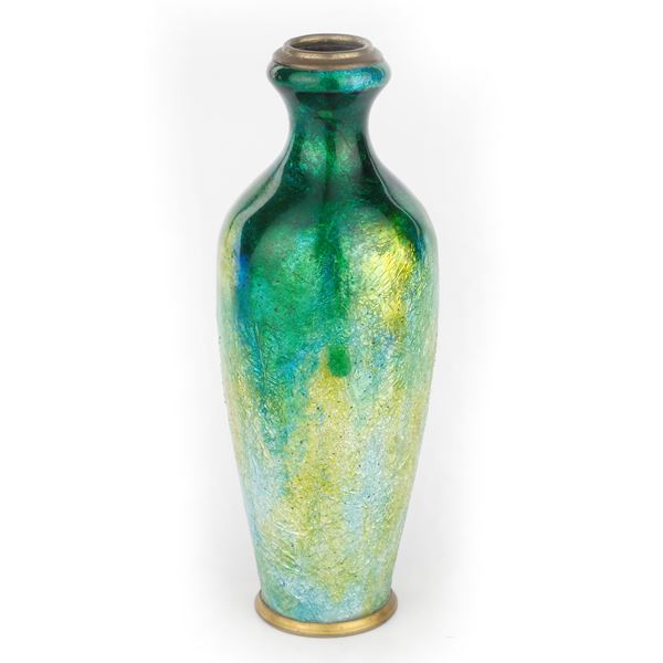 Vase with green and blue enamel in brass