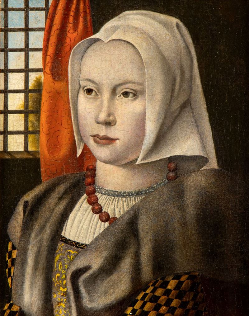 Artista Olandese, XVII Secolo - Ritratto di Giovane Gentildonna Olandese con Cuffia e Collana di ...