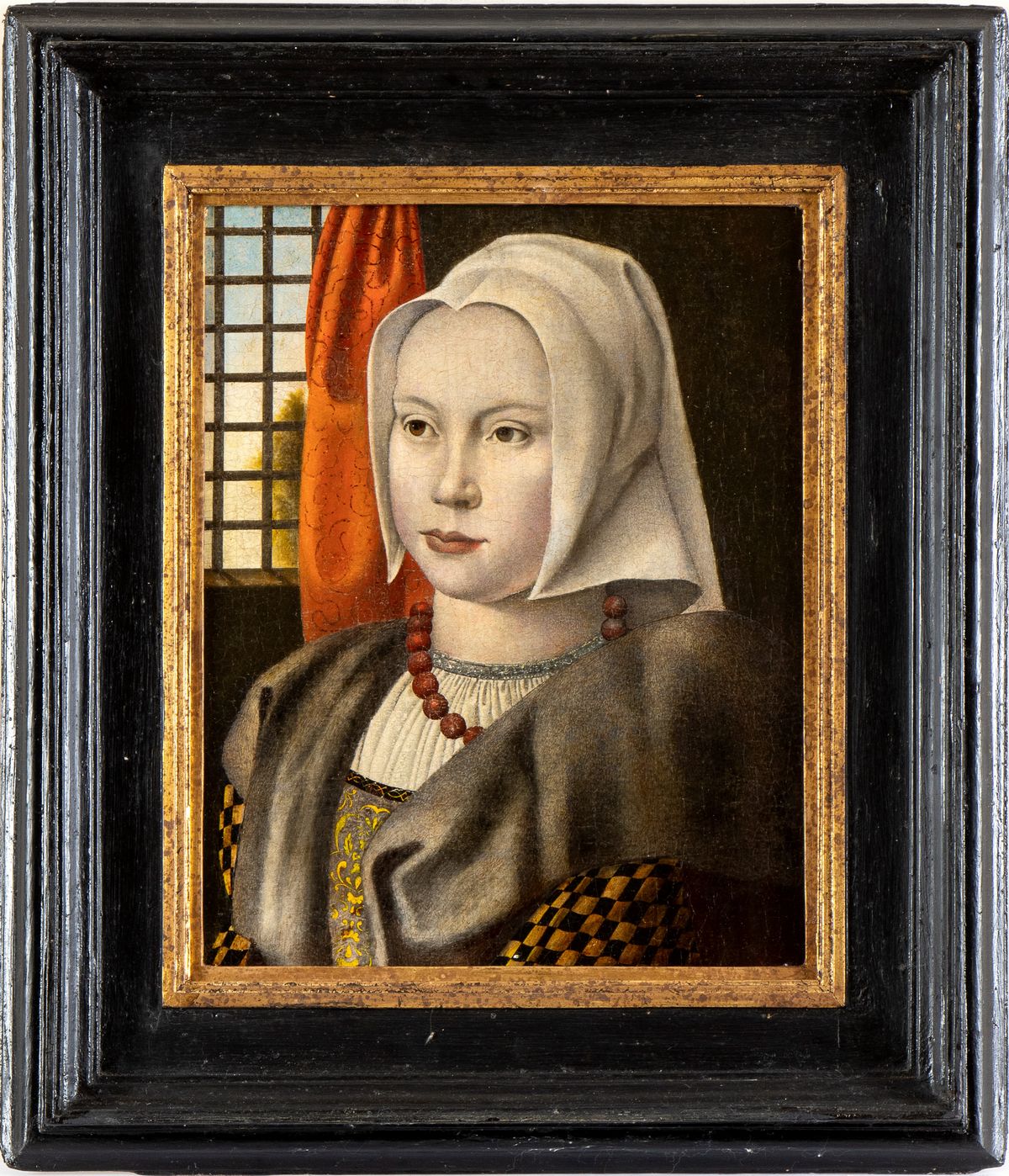 Artista Olandese, XVII Secolo - Ritratto di Giovane Gentildonna Olandese con Cuffia e Collana di ...
