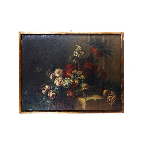 Natura silente, cesto di fiori  (fine XIX inizi XX secolo)  - dipinto olio su tela  [..]