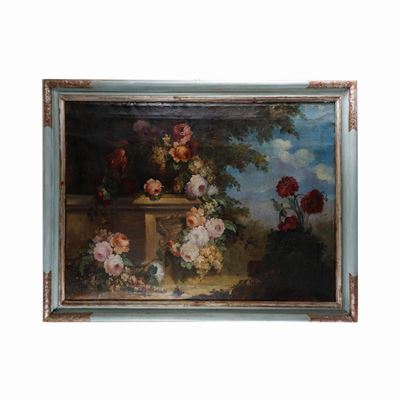 Natura Silente con Fiori e Paesaggio