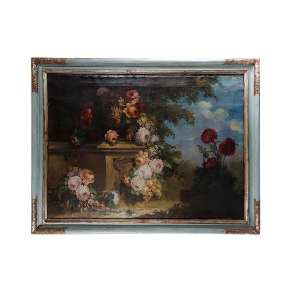 Still life  with flowers and landscape