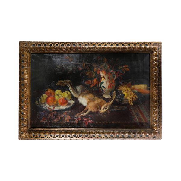 Natura silente con fiori, frutta, vasellame  e lepre  (seconda metà XIX secolo)  - dipinto olio su tela - Asta Smart Auction: Arredi, Dipinti, Sculture e altro a prezzi vantaggiosi - Bertolami Fine Art - Casa d'Aste