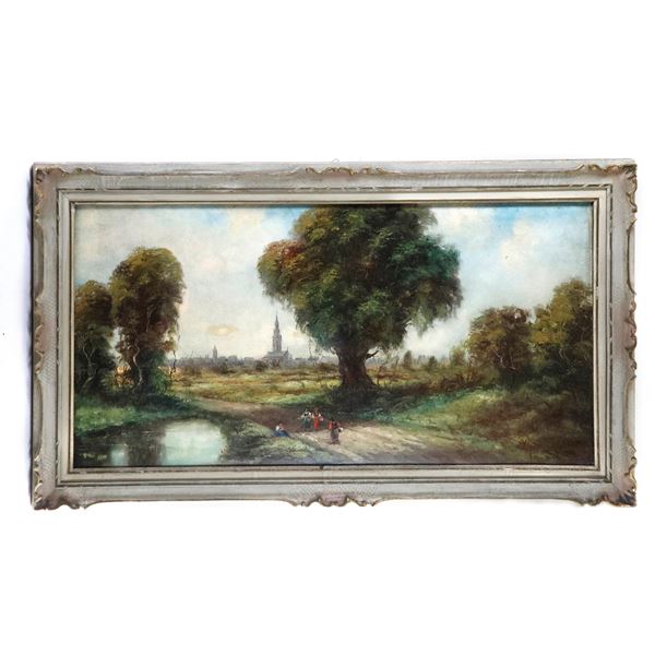 Glimpse of northern European landscape with characters, trees and cities