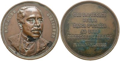 Personaggi. Bonaldo Stringher Medaglia Omaggio 1908. Opus: Giorgi. Ae. 70mm. Colpo. Bb