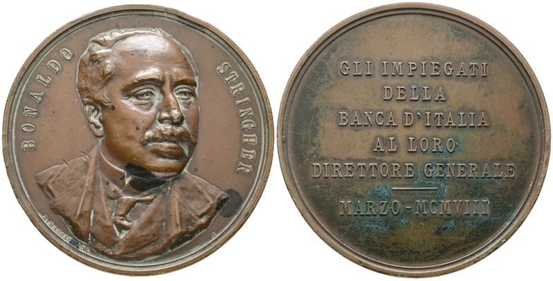 Personaggi. Bonaldo Stringher Medaglia Omaggio 1908. Opus: Giorgi. Ae. 70mm. Colpo. Bb