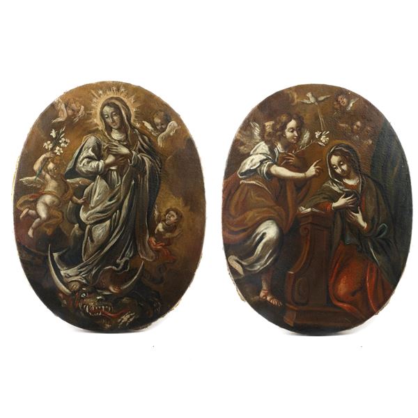 Annunciation of the Virgin and Immaculate Conception  (XVIII century)  - pair of oil paintings on canvas - Auction Smart Auction: Furniture, Paintings, Sculptures and more at affordable prices - Bertolami Fine Art - Casa d'Aste