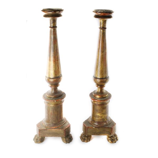 Coppia di torcieri in legno dorato  (prima metà XIX secolo)  - Asta Smart Auction:  [..]