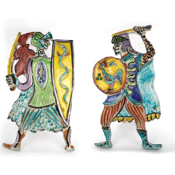 Giovanni De Simone - Pair of warriors, polychrome ceramic sculpture