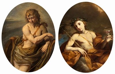 A) Apollo; B) Bacco. Coppia di Dipinti