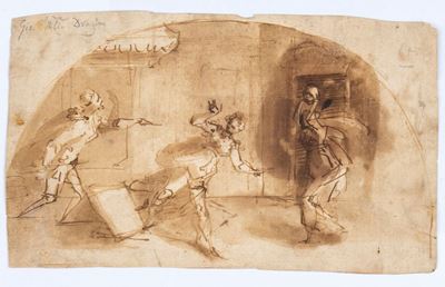 Recto: Studio di Scena con Quattro Figure Entro Lunetta - Verso: Studio di Tre Figure che Salgono...