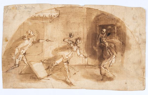Giovanni Battista Draghi - Recto: Studio di scena con quattro figure entro lunetta - Verso: Studio di tre figure che salgono la rampa di un edificio