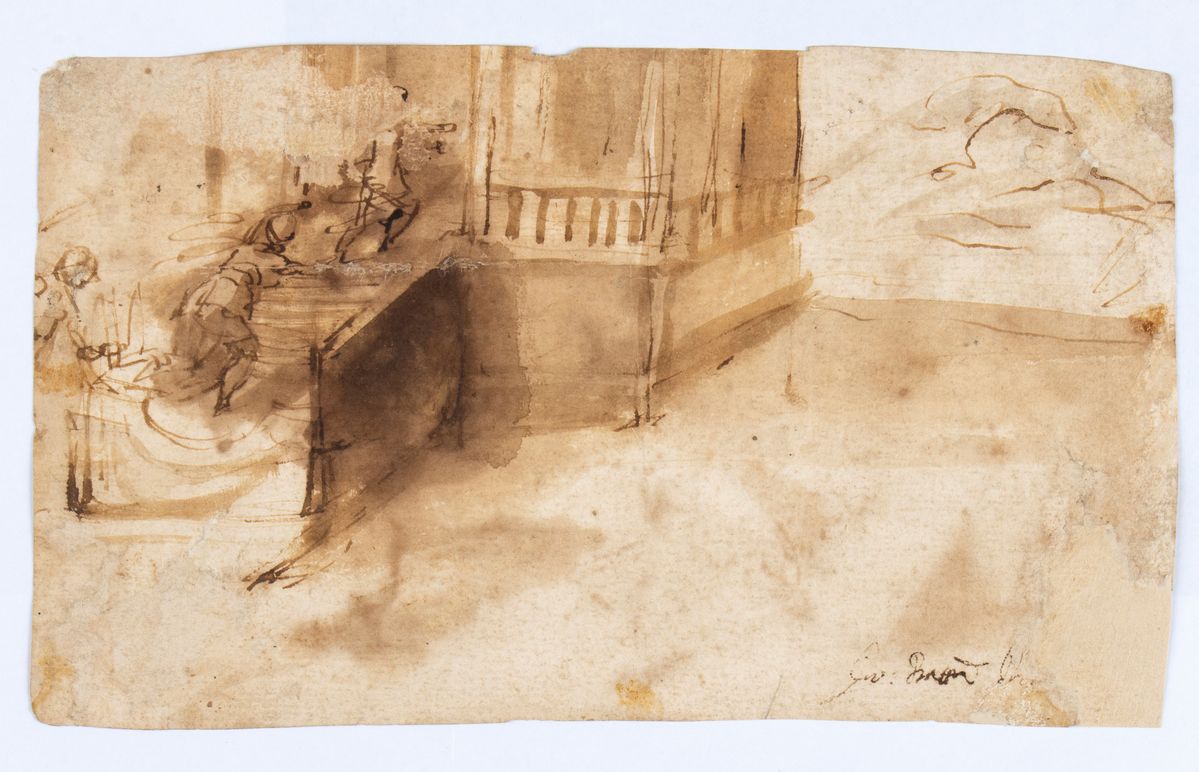 Giovanni Battista Draghi - Recto: Studio di Scena con Quattro Figure Entro Lunetta - Verso: Studi...