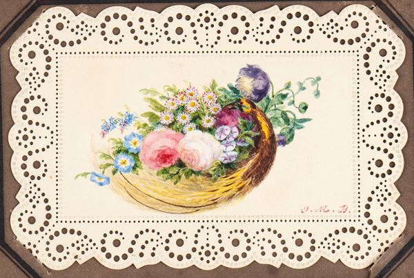 Artista italiano, XIX secolo - Composizione di fiori con pavone