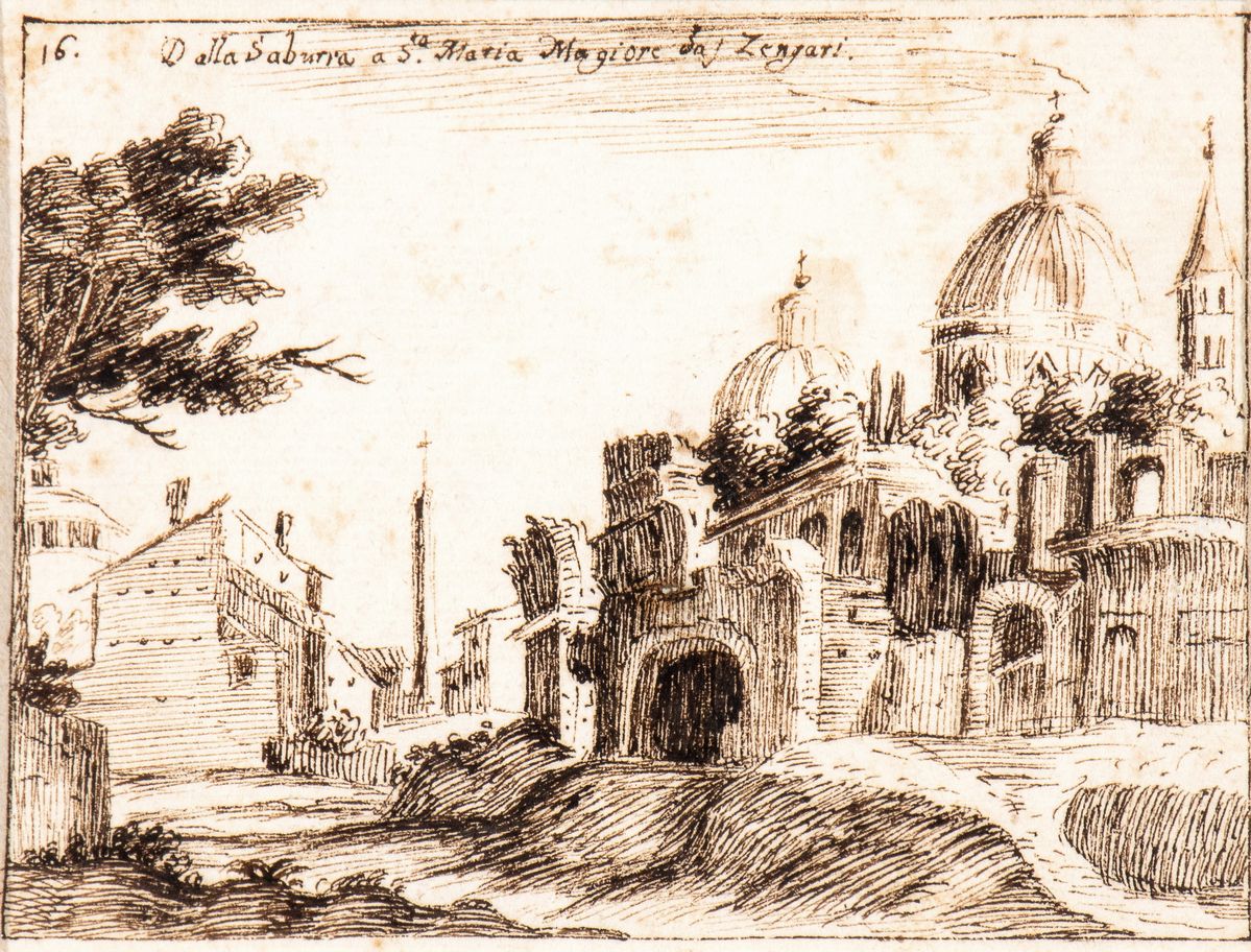 Giovanni Battista Mercati - A) Veduta della Suburra con Santa Maria Maggiore sullo Sfondo; B) Rov...