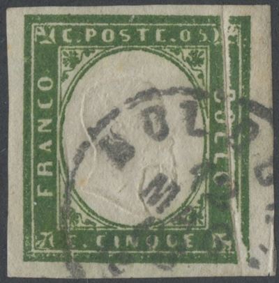 Alberto Diena, Sardegna IV emissione – 5 centesimi verde giallastro con “Pli d’accordeon”, n. 13 ...
