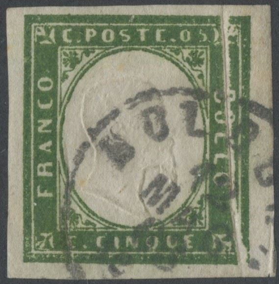 Alberto Diena, Sardegna IV emissione – 5 centesimi verde giallastro con “Pli d’accordeon”, n. 13 ...