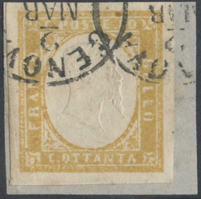 Francobollo, Sardegna IV emissione, 80 centesimi giallo ocra (n. 17A) su frammento