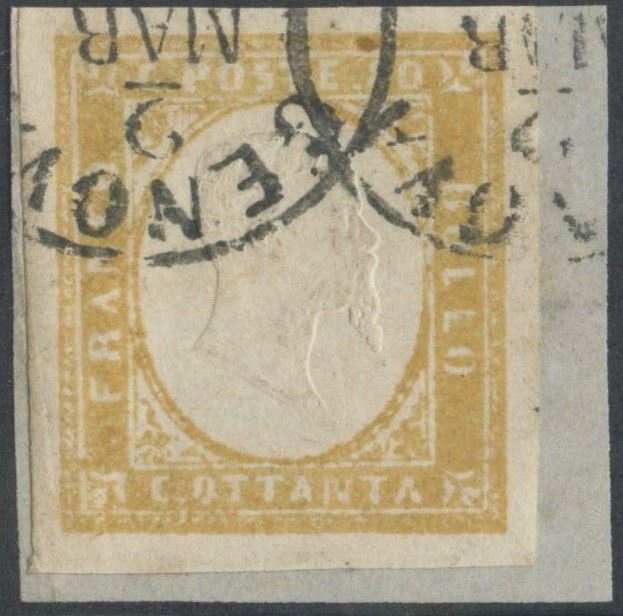 Francobollo, Sardegna IV emissione, 80 centesimi giallo ocra (n. 17A) su frammento