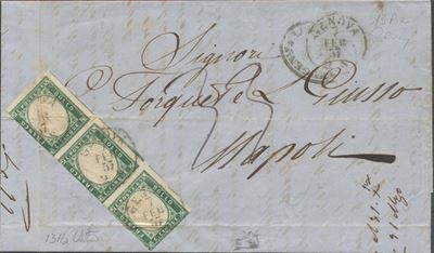 07.02.1857, Lettera Genova–Napoli con affrancatura in striscia di tre da 5 centesimi verde mirto ...