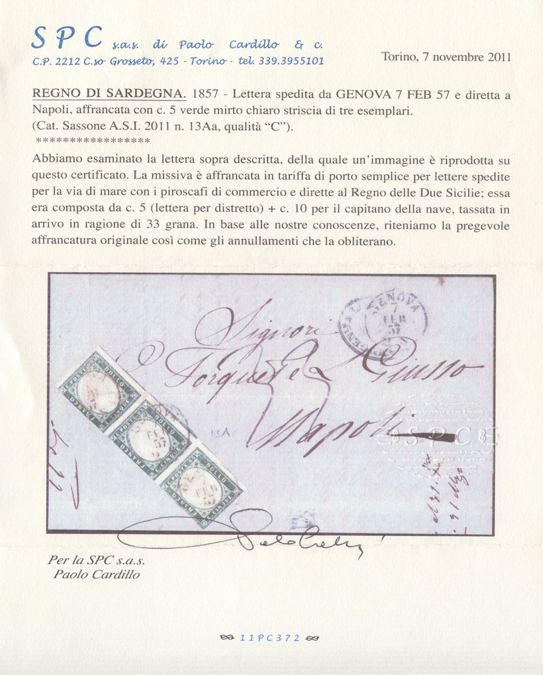 07.02.1857, Lettera Genova–Napoli con affrancatura in striscia di tre da 5 centesimi verde mirto ...