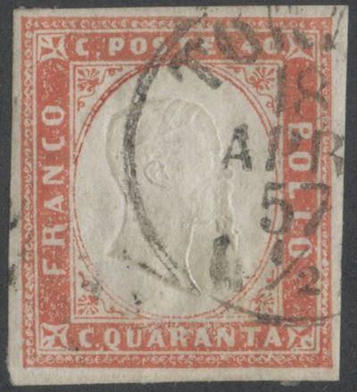 Alberto Diena, Sardegna IV emissione – 40 centesimi vermiglio tenue, n. 16 (1855)