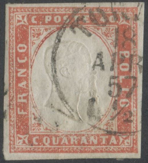 Alberto Diena, Sardegna IV emissione – 40 centesimi vermiglio tenue, n. 16 (1855)