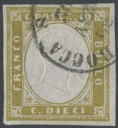 Ballabio, Sardegna IV emissione – 10 centesimi oliva chiaro (n. 14Db), 1862