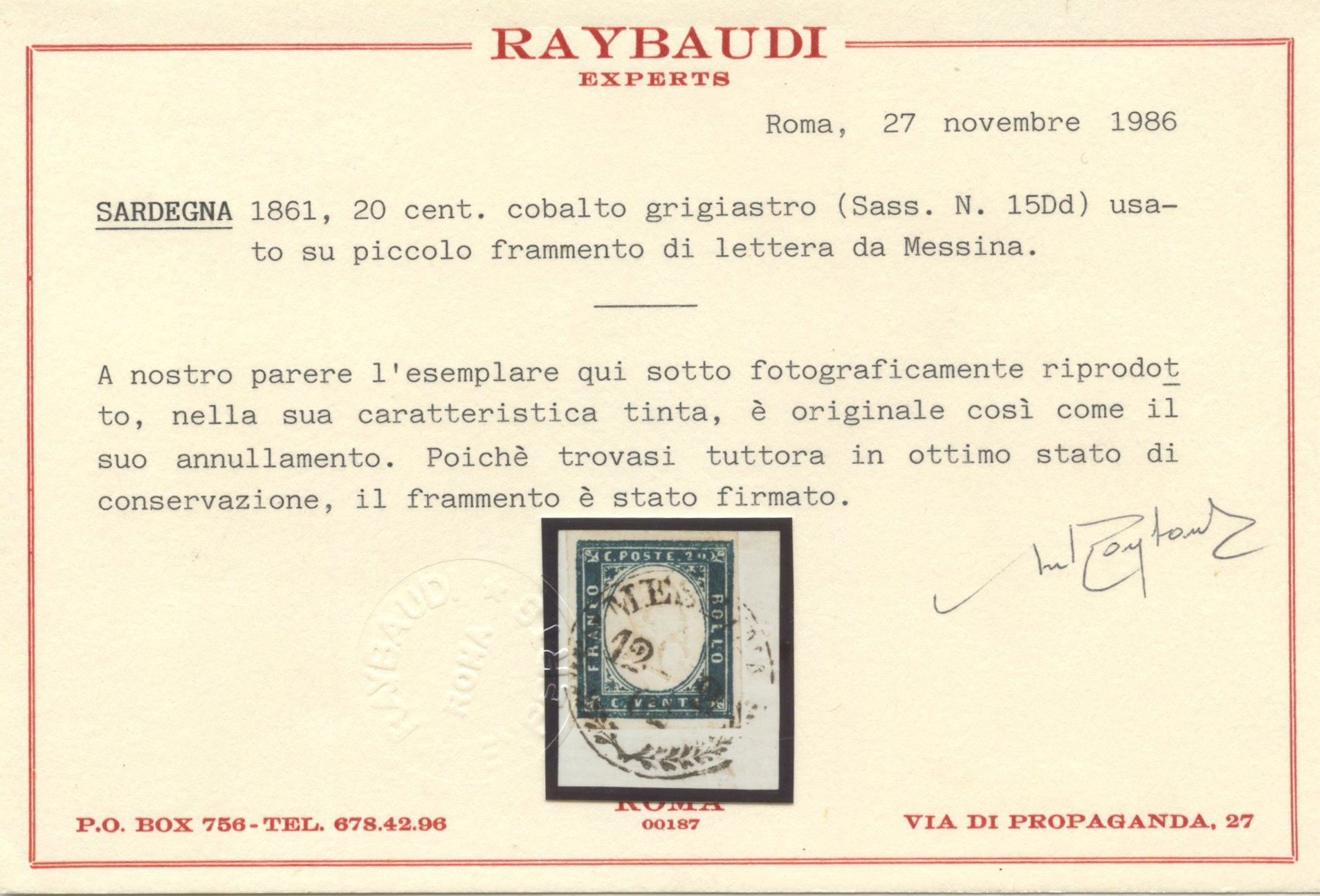Francobollo, 20 centesimi cobalto grigiastro (n. 15Dd), Sardegna IV emissione