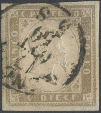 1859, 10 centesimi Sardegna – IV emissione, “Cenere Grigio Seppia” (sassone n. 14Ad), usato a Gen...