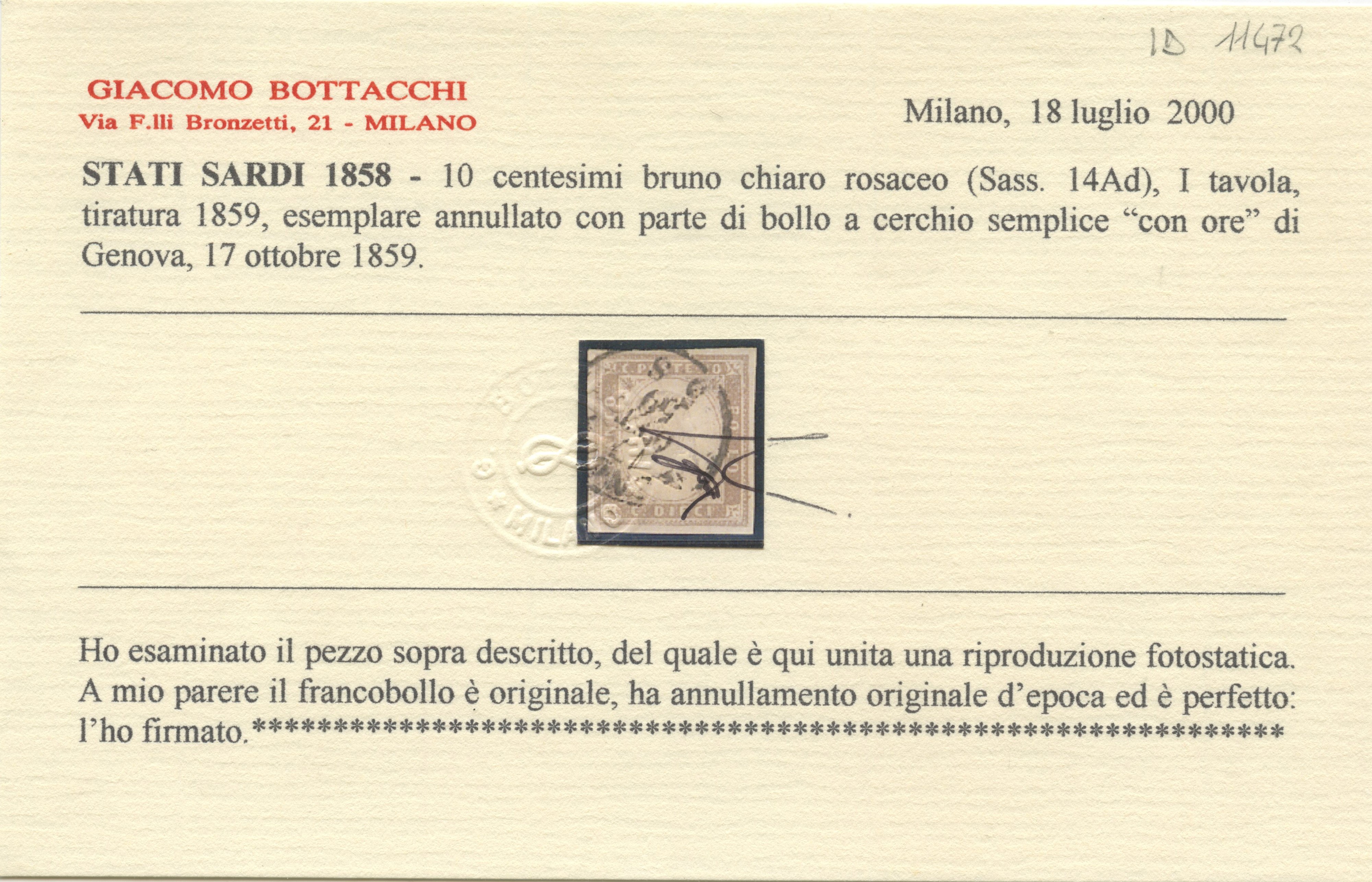 1859, 10 centesimi Sardegna – IV emissione, “Cenere Grigio Seppia” (sassone n. 14Ad), usato a Gen...