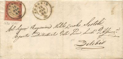 Emissione del 16 marzo 1860, Lettera da Sondrio a Delebio affrancata con 40 centesimi vermiglio m...