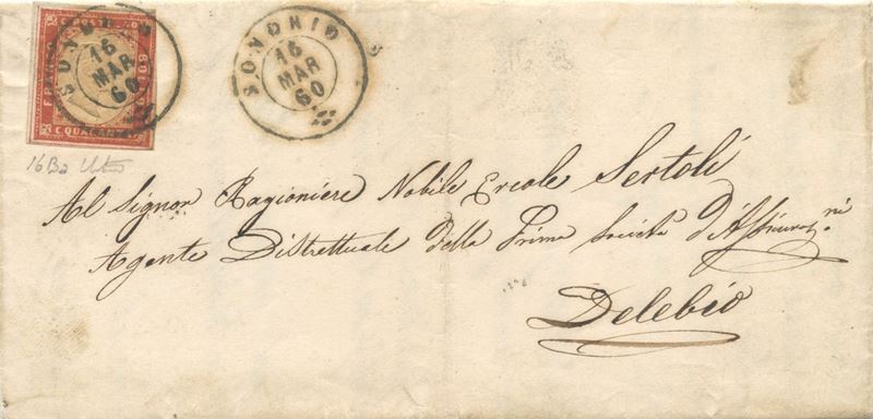 Emissione del 16 marzo 1860, Lettera da Sondrio a Delebio affrancata con 40 centesimi vermiglio m...