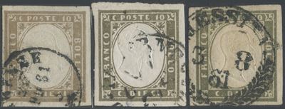 Sardegna, IV emissione, 10 centesimi (1861) — tre tonalità