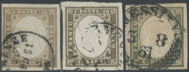 Sardegna, IV emissione, 10 centesimi (1861) — tre tonalità
