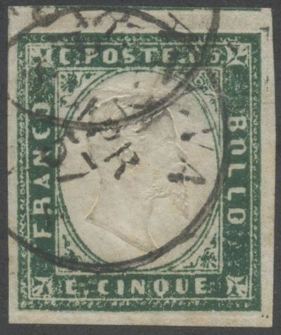 Regno di Sardegna, 5 centesimi verde mirto (IV emissione), n. 13A