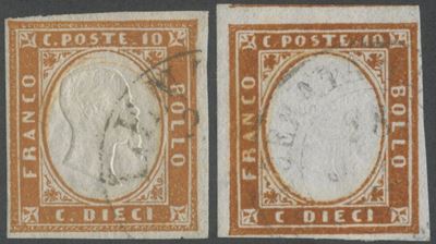 Sardegna, IV emissione — 10 centesimi arancio rossastro, n. 14Dh (versione chiara e scura)