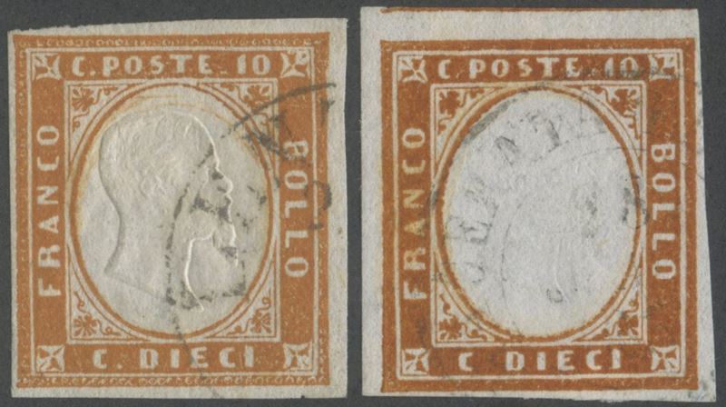 Sardegna, IV emissione — 10 centesimi arancio rossastro, n. 14Dh (versione chiara e scura)