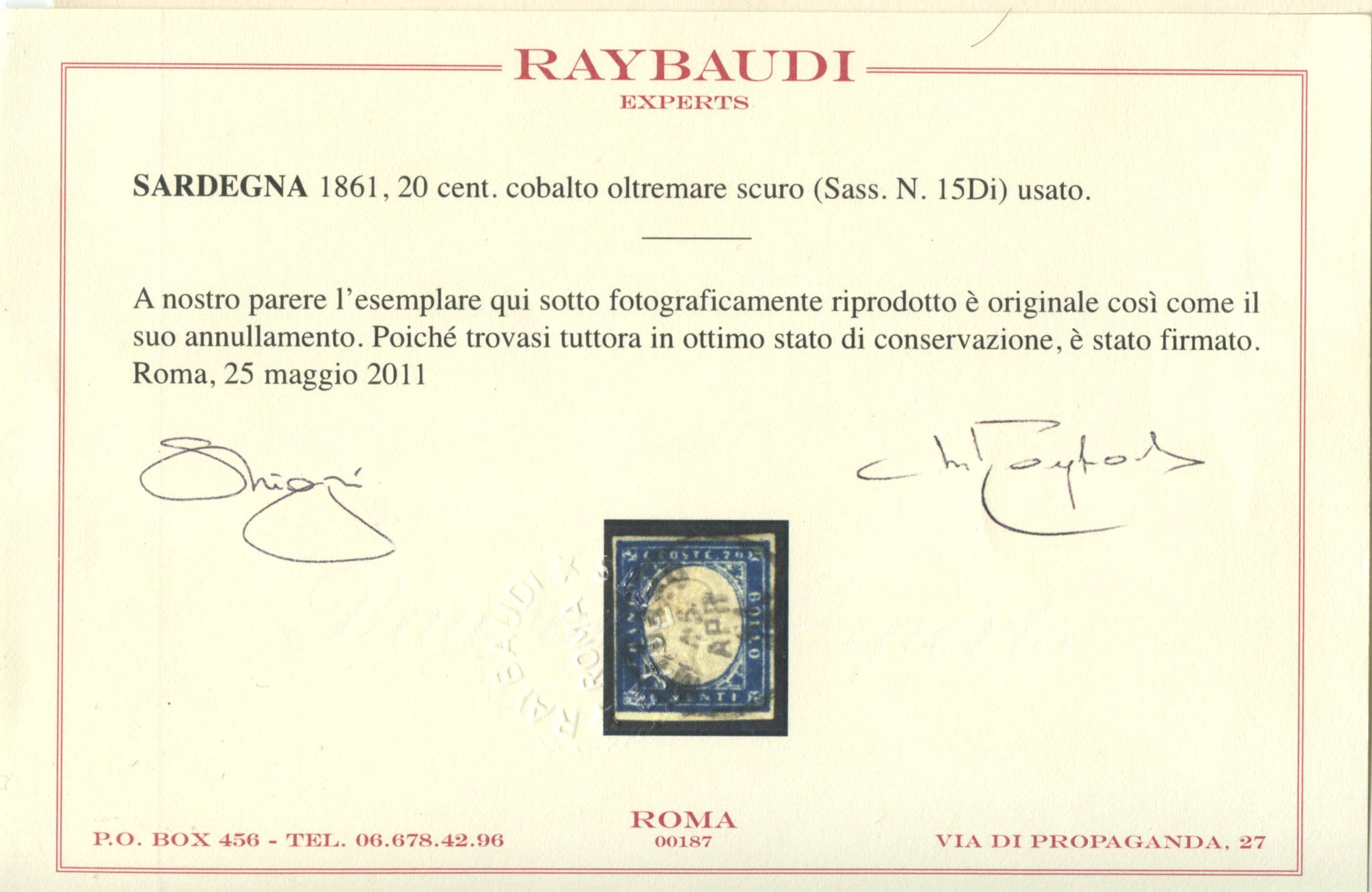 Ballabio, Raybaudi, Sardegna IV emissione – 20 centesimi, cobalto verdastro scuro (n. 15Df.)