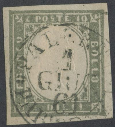 Sardegna, 10 centesimi oliva grigio verdastro (emissione 1861), n. 14Caa usato a Palermo