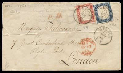 Sardegna, IV emissione — lettera 13/04/1858 affrancata 60 centesimi (20 cent. azzurro oltremare s...