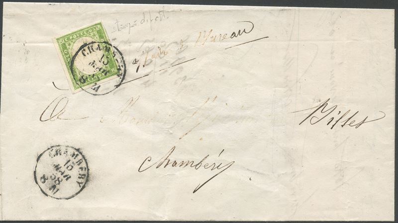 Francobollo, 5 centesimi verde giallo (stampa difettosa n. 13Ah) — Sardegna, emissione 15.03.1858