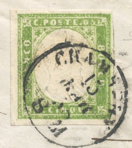 Francobollo, 5 centesimi verde giallo (stampa difettosa n. 13Ah) — Sardegna, emissione 15.03.1858