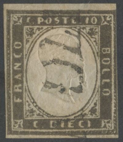 Emissione Sardegna, 10 centesimi bruno olivastro scuro (n. 14B) — certificato SP