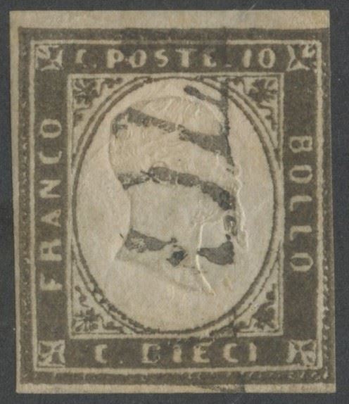 Emissione Sardegna, 10 centesimi bruno olivastro scuro (n. 14B) — certificato SP