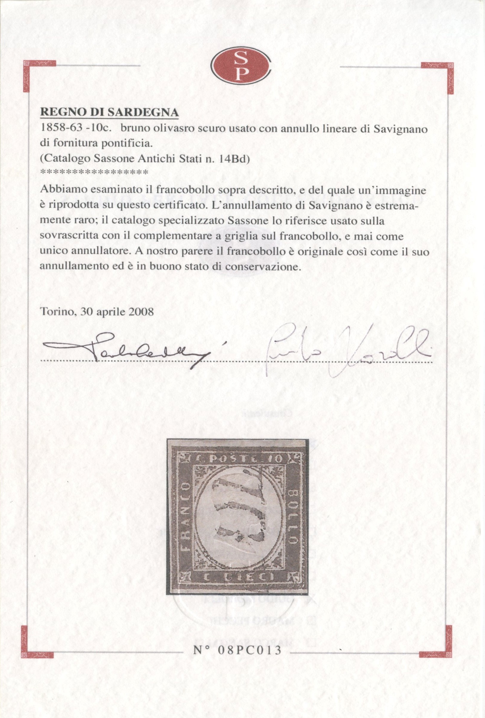 Emissione Sardegna, 10 centesimi bruno olivastro scuro (n. 14B) — certificato SP