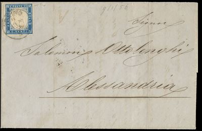 Francobollo Sardegna, IV emissione, 20 centesimi celeste (n. 15h) su lettera del 9 gennaio 1856