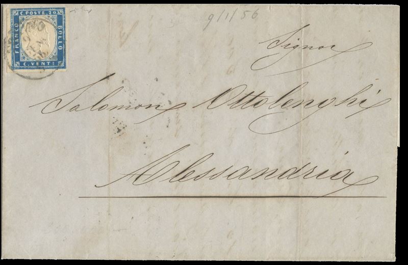 Francobollo Sardegna, IV emissione, 20 centesimi celeste (n. 15h) su lettera del 9 gennaio 1856