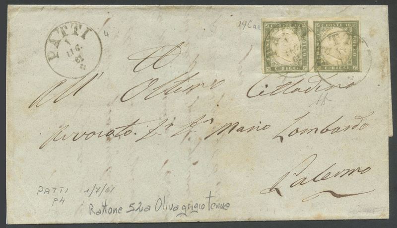 Alberto Diena, Lettera affrancata 20 centesimi “Sardegna IV emissione” (coppia 10 cent. oliva gri...