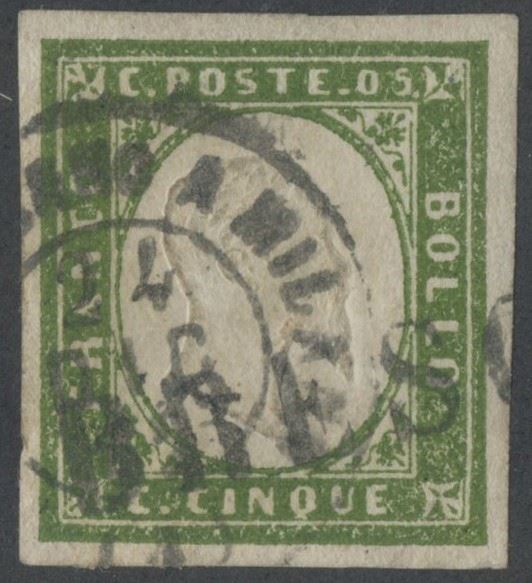 Sardegna, 5 centesimi verde oliva (IV emissione), francobollo usato